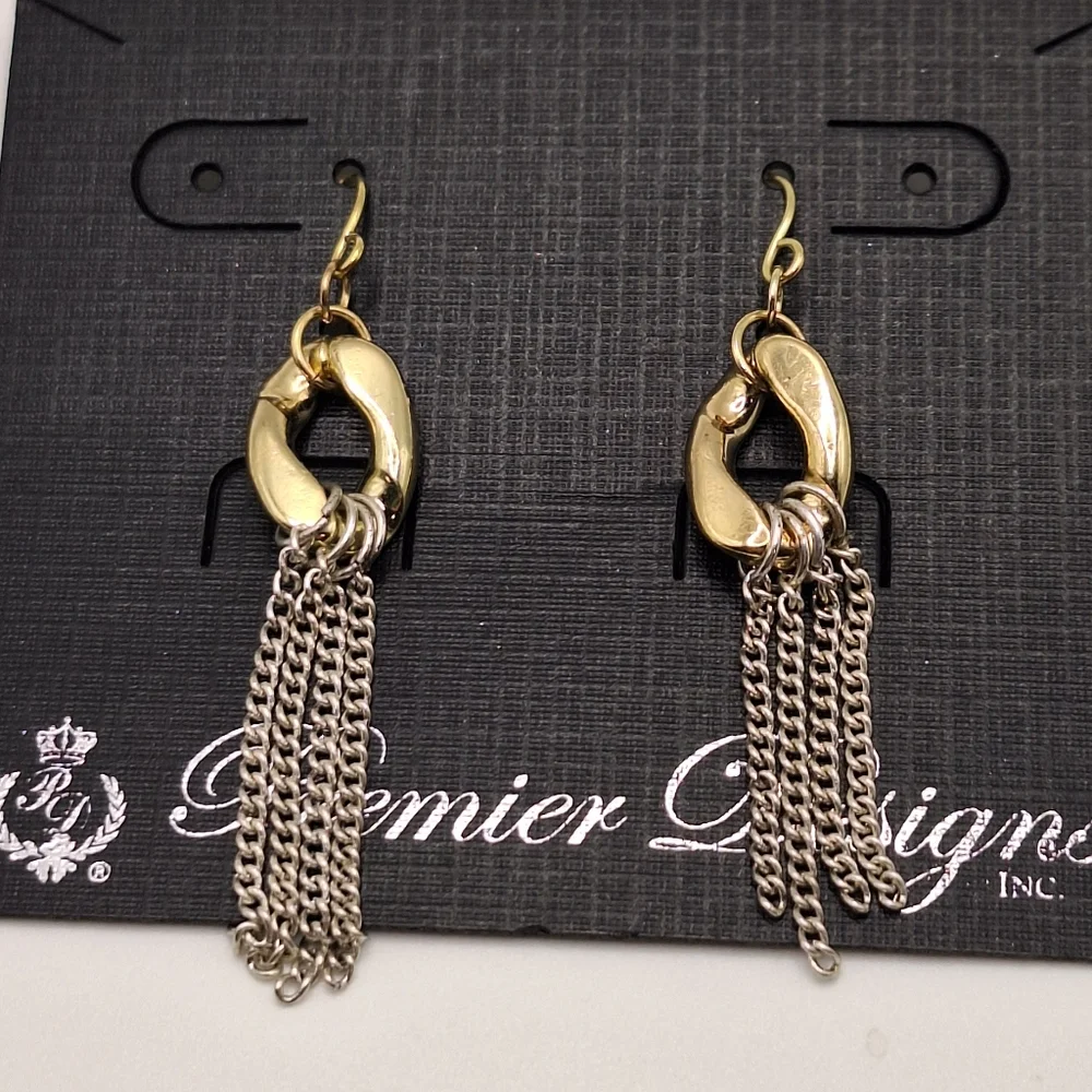 Premier Designs Gold & Silver Chain Tassel Earrings NWT Mixed Metal Dangle